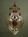Cordiform Pendant, Silver, with decorative wire, cabochon and slightly-domed carnelians, and turquoises