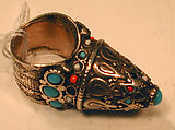 Ring, Silver, with stamped and applied decoration, silver shot, decorative wire, and synthetic resin, glass, and turquoise beads
