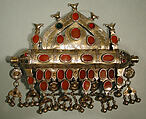 Triangular Amulet Holder, Silver; fire-gilded and chased, with decorative wire, applied decoration, pendants, loop-in-loop chains, spherical bells, table-cut carnelians, and faceted stones
