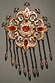 Floral Pectoral Ornament, Silver, fire-gilded and chased, with ram's-head upper terminals, openwork, wire chains, embossed pendants, table-cut carnelians, and turquoise beads