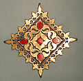 Pectoral Ornament, Silver, fire gilded, with decorative wire, openwork, stylized floral terminations, and table cut carnelians