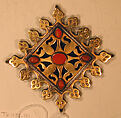 Pectoral Ornament, Silver; fire gilded, with decorative wire, and table cut and carbochon carnelians