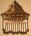 Triangular Amulet Holder, Silver; fire gilded and chased, with decorative wire, table cut carnelians, wire chains, and bells