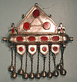 Triangular Amulet Holder, Silver, with decorative wire, loop-in-loop chains, bells, and table-cut carnelians