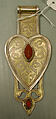 Triple Cordiform Pendant, Silver; fire-glided and chased, with openwork and cabochon carnelians