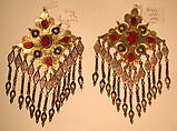 Teke Floral Pectoral Ornament, One of a Pair, Silver, fire-gilded and chased, with applied decoration, openwork, wire chains, pendants with applied decoration, and table-cut carnelians