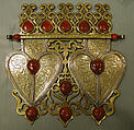 Double Cordiform Pendant, Silver; fire-gilded and chased, with decorative wire, openwork, and cabochon carnelians