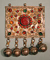 Front Panel of an Amulet Holder, Silver, with decorative wire, gilt applied decoration, chains, bells, table-cut carnelian, coral beads, and glass stones