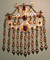 Pectoral Ornament (?), Silver, fire-gilded, with applied decoration, twisted wire, connecting links and embossed pendants, table-cut carnelians, and glass stones