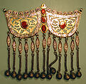 Pectoral Ornament, Silver; fire-gilded and chased, with openwork, applied decoration, wire chains, bells, ram's-head terminals, and table cut and cabochon carnelians