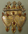 Double Cordiform Pendant, Silver; fire-gilded and chased, with decorative wire and stamping, ram's-head terminals, and cabochon carnelians