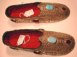 Slipper, One of a Pair, Silver with applied decoration, twisted silver wire, silver stamped beading, and slightly domed turquoises and carnelians and turquoise beads lined with red cotton fabric