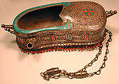 Drinking Bowl Shaped as a Begging Bowl, Silver; fire gilded, with applied and stamped decoration, inset carnelians and turquoises, and carnelian, turquoise and coral beads