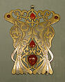 Pectoral Ornament, Silver; fire-gilded and chased, with openwork and table-cut and slightly domed and cabochon carnelians