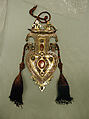 Cordiform Pendant with Tassles, Silver; fire-gilded, with silver shot, decorative wire, cabochon and table-cut carnelians, slightly domed turquoises, and wool tassels
