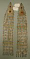 Long Temple Pendant, One of a Pair, Silver; fire-gilded, carnelians