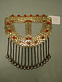 Pectoral Ornament, Silver; fire-gilded with openwork and beaded wire decoration, silver twisted wire chains with spherical bells/beads and table cut carnelians