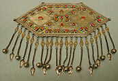 Pectoral Ornament, Silver, fire gilded, with openwork, stamping, decorative wire, pendants with applied decoration, wire chains with embossed pendants and bells, and table-cut carnelians