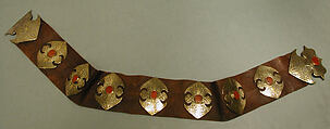 Man's Belt, Silve; fire-gilded and chased, with table-cut carnelians; mounted on leather