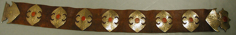 Man's Belt, Silve; fire-gilded and chased, with table-cut carnelians; mounted on leather