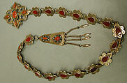 Ornamental Elements Assembled as a Belt, Silver; fire-gilded and chased, with openwork, wire links, pendants, table-cut carnelians, and glass and turquoise beads