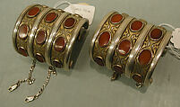 Armband, One of a Pair, Silver; fire-gilded and chased, with table-cut carnelians
