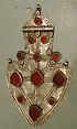 Cordiform Pendant, Silver; with decorative wire, applied decoration, and table-cut and inscribed carnelians