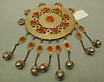 Pectoral Disc Ornament, One of a Pair, Silver; fire-gilded with engraving/punching, stylized floral terminations, openwork decoration, pendants, silver twisted wire chains, table cut carnelians, and bells/beads