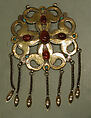Pectoral Ornament, Silver; fire-gilded and chased, with openwork, wire chains, embossedpendants, slightly domed carnelians, and turquoise beads