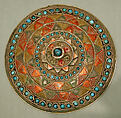 Pectoral Ornament, Silver; fire-gilded and engraved/punched with silver wire chains, applied gilt applique and slightly domed turquoise beads.