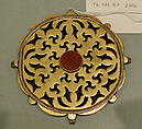 Pectoral Disc Ornament, Silver; fire gilded with openwork, decorative wire, and table cut carnelian