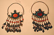 Earring, One of a Pair, Silver; fire-gilded with carnelians and turquoises, coral beads, wire, and embossed pendants