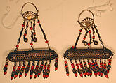 Earring, One of a Pair, Silver filigree with applied silver gilt plaques, silver bells, and coral beads