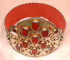 Crown, Silver; fire-gilded and chased, with openwork, decorative wire, and table-cut carnelians; contemporary red cotton lining