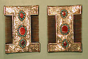 Comb, Wood and silver; chased, with table-cut and cabochon carnelians and turquoise beads