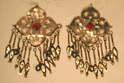 Pectoral Ornament, One of a Pair, Silver; fire-gilded with openwork, wire chains, embossed pendants, bells, and table-cut carnelians.