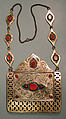 Amulet Holder, Silver; fire-gilded and chased, with openwork, chains, table-cut carnelians, and turquoise beads