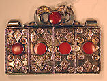 Amulet Holder, Silver; fire-gilded, with decorative wire, gilt applied decoration, table-cut carnelians, and turquoise beads