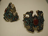 Armband, One of a Pair, Silver, with silver shot, unidentified black material, turquoise beads, and slightly domed carnelians