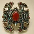 Armband, One of a Pair, Silver, with silver shot, unidentified black material, turquoise beads, and slightly domed carnelians