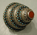 Two-Finger Ring, Silver with decorative wire, silver shot, table-cut carnelian, and turquoise beads