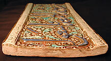 Tile from a Frieze, Stonepaste; inglaze painted in blue and turquoise and luster-painted on opaque white glaze