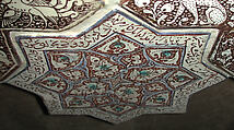 Star-Shaped Tile, Stonepaste; inglaze painted in blue and turquoise and luster-painted on opaque white glaze