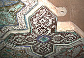 Cross-Shaped Tile, Stonepaste; inglaze painted in blue and turquoise and luster-painted on opaque white glaze