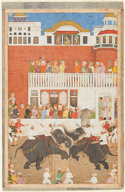 "Shah Jahan Watching an Elephant Fight", Folio from a Padshahnama