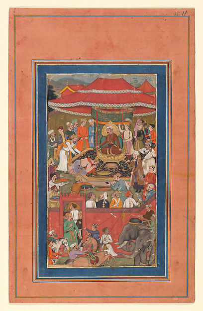 "Asaf khan Presents Offerings (?)",  Folio from a Manuscript of the Akbarnama. Folio from the Davis Album