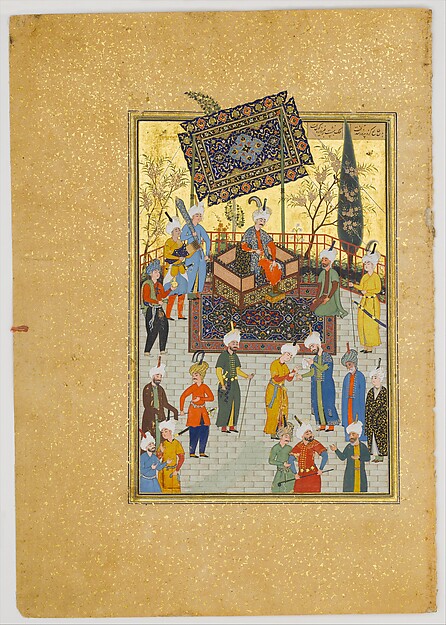 "Khusrau Seated on his Throne", Folio 64 from a Khamsa (Quintet) of Nizami, Nizami (Ilyas Abu Muhammad Nizam al-Din of Ganja) (probably 1141â1217), Ink, opaque watercolor, and gold on paper