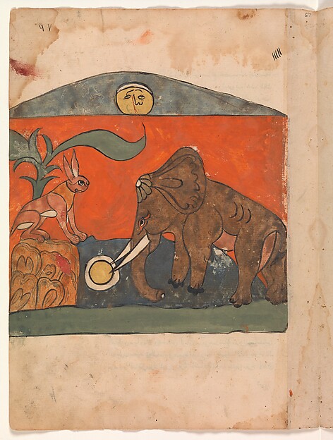 "The Clever Hare with the King of the Elephants at the Spring of the Moon", Folio from a Kalila wa Dimna