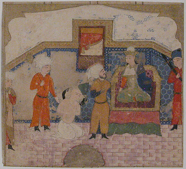 "Zahhak Brought as a Prisoner before Faridun", Folio from a Shahnama (Book of Kings)