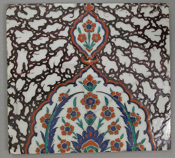 Tile with Floral Cartouche Design on Ebru (Marble Imitation Pattern) Background by an unrecorded maker, The Metropolitan Museum of Art